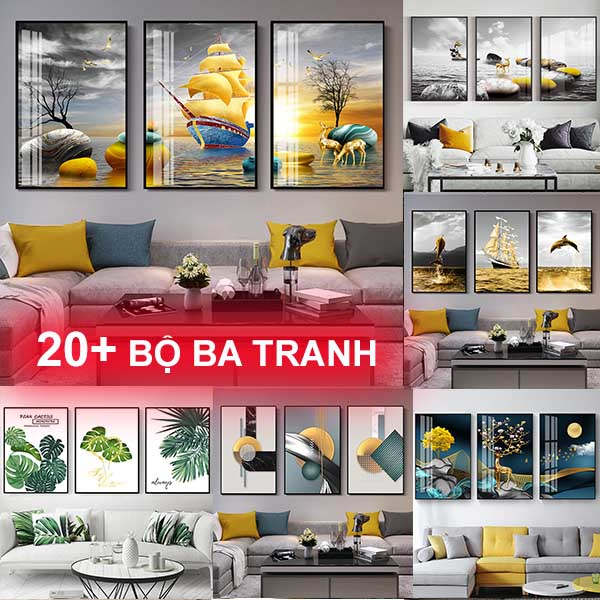 Tranh phòng khách bộ ba bức nhiều mẫu decor trang trí không gian tường sofa chất liệu tráng gương đã gồm khung