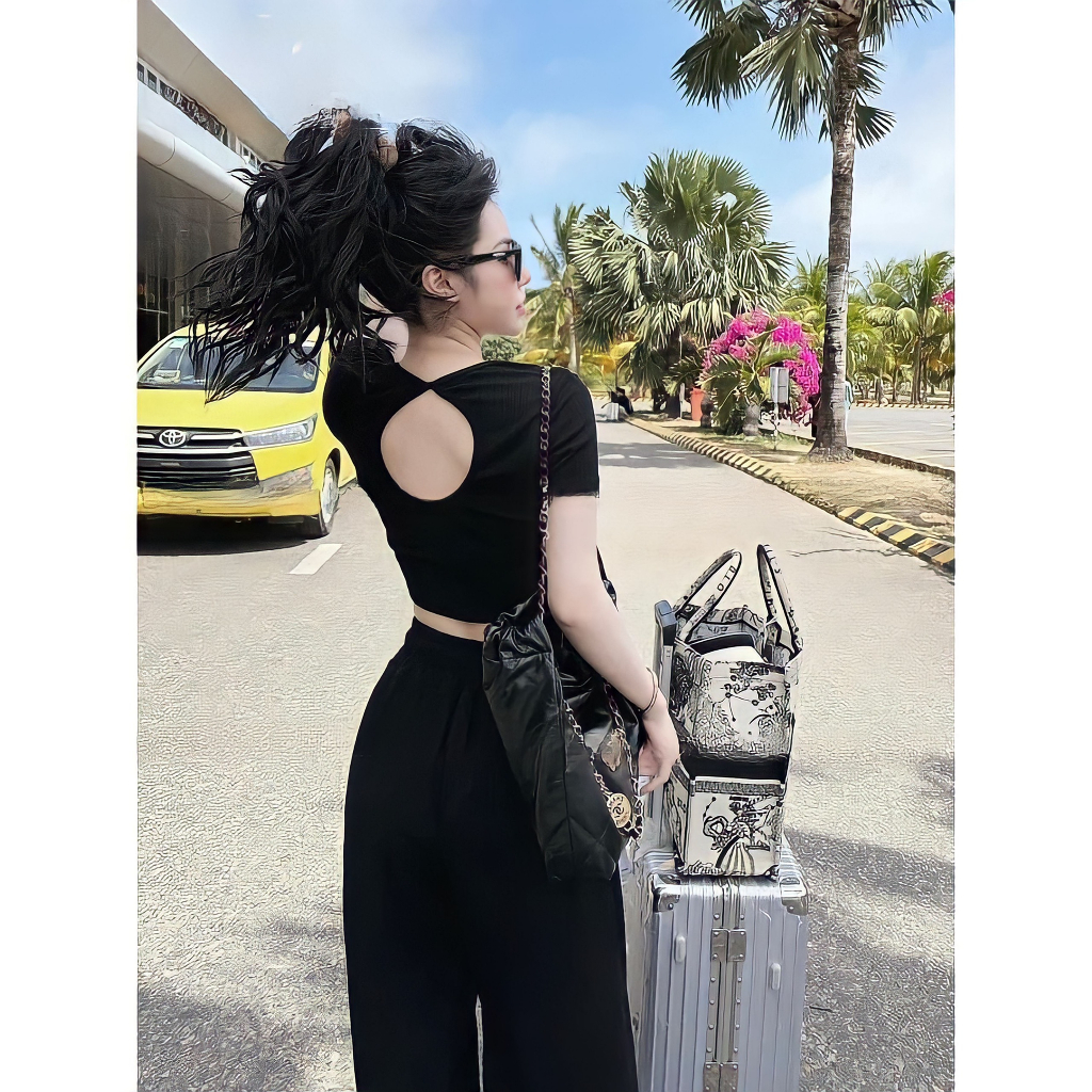 💃 Bộ Áo Croptop Nữ Khoét Lưng Kèm Quần Culottes Ống Rộng Vải Gân Xốp 3 Màu
