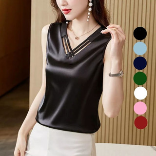 Áo kiểu nữ sát nách, cổ sơ mi kiểu mới chất lụa latin thoáng mát-Áo lụa nữ có size Vannhshop AO0011