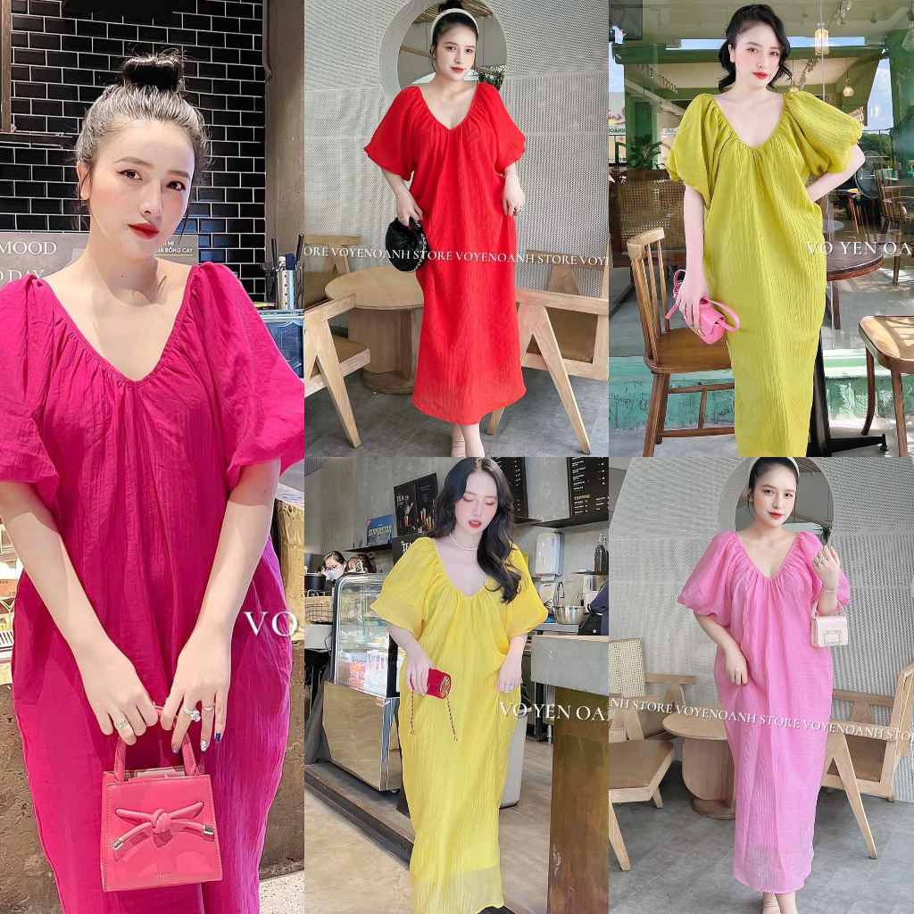 Váy maxi tơ nhăn cổ V tay bồng 5 màu kèm ảnh thật