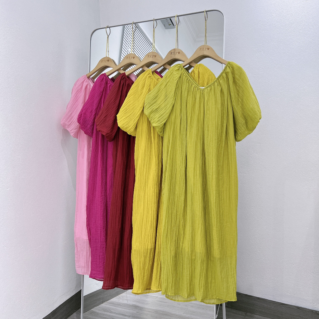 Váy maxi tơ nhăn cổ V tay bồng 5 màu kèm ảnh thật