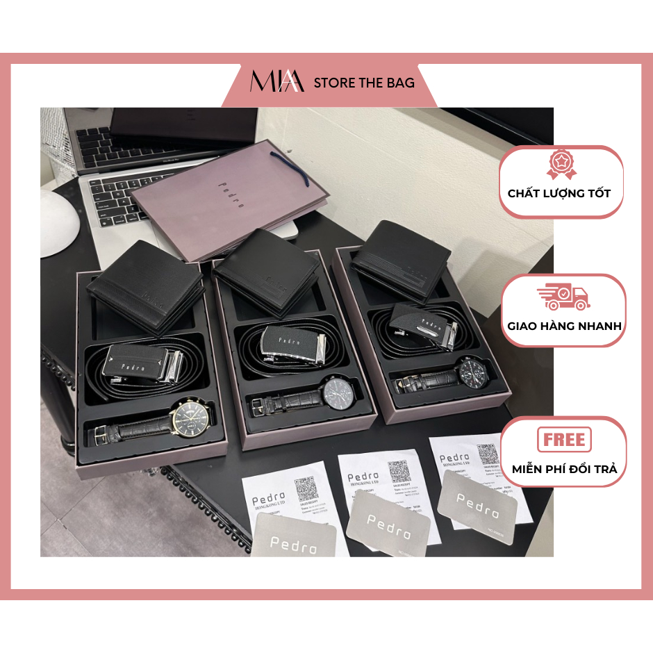 Quà tặng bạn trai - Set 3 món ví da nam Pedro kèm dây nịt đồng hồ hãng cao cấp - Mia Store