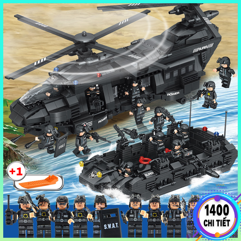 Bộ Đồ Chơi Lắp ráp Lego Máy Bay Trực Thăng Vận Tải CHINOOK 1400, Xếp Hình Lego Tàu Chiến Kèm Lính Swat