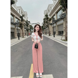 Set Bộ thun gân áo ngắn quần ông rộng phối màu