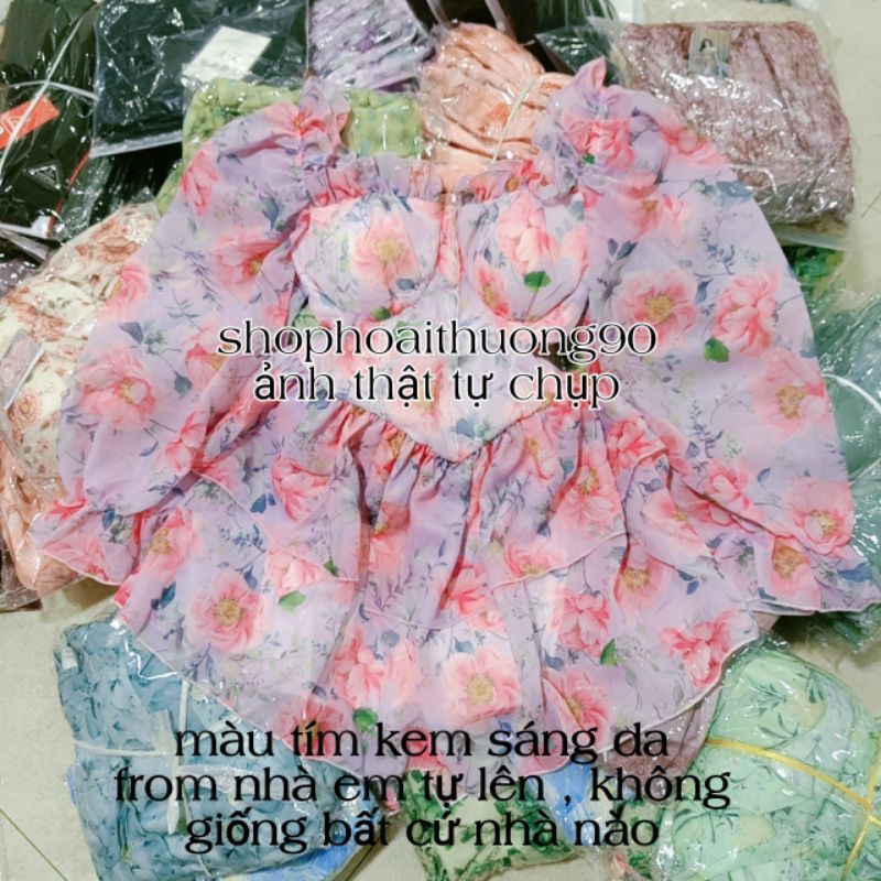 Váy voan hoa tay dài cúp ngực bèo tầng