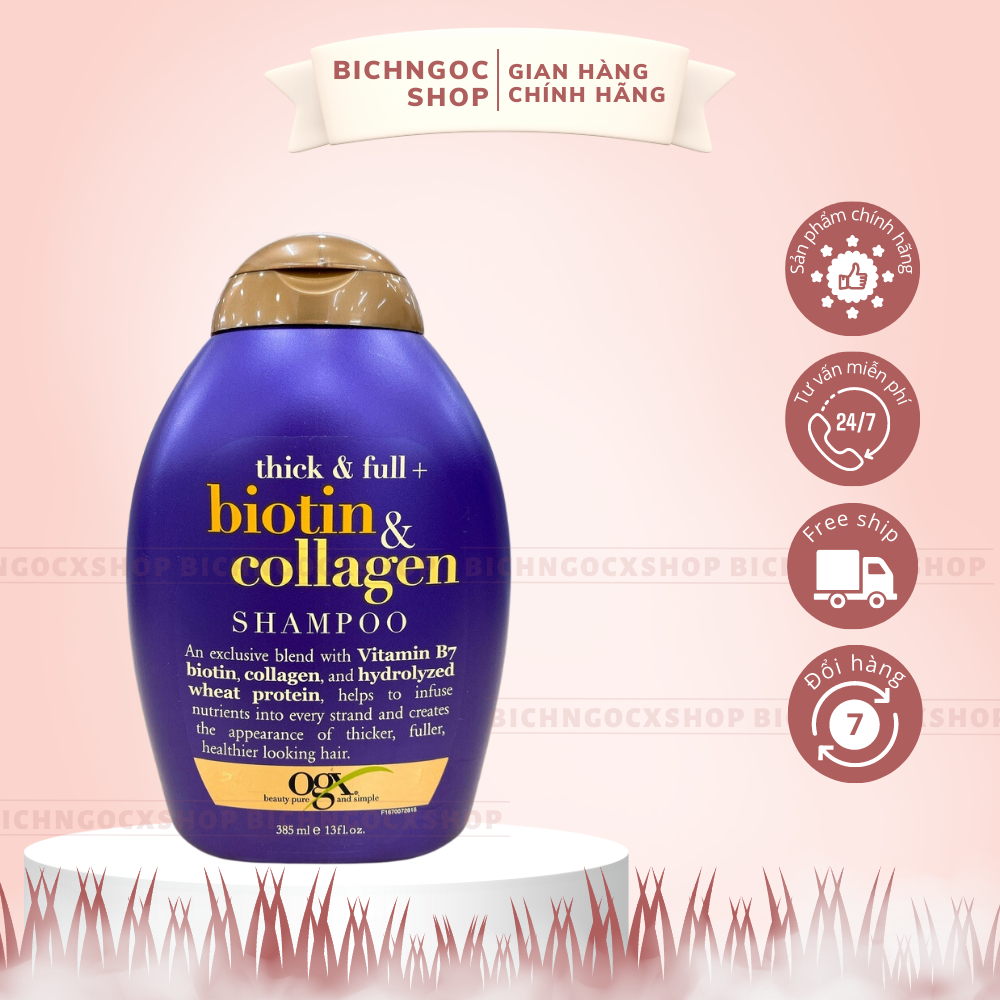 Dầu gội dưỡng dày tóc chính hãng OGX Thick & Full + Biotin & Collagen 385ml chống rụng tóc, kích thích mọc tóc