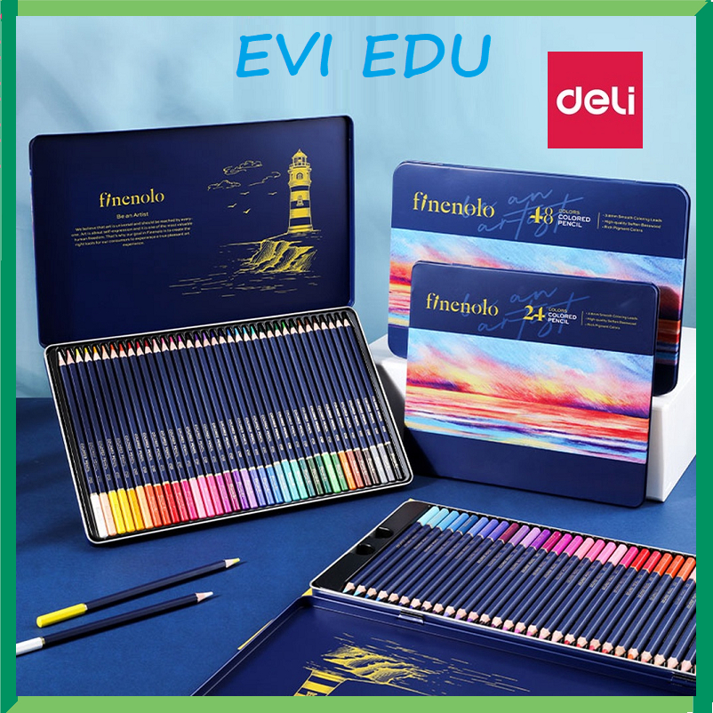 Bút chì màu nước gỗ trầm cao cấp Deli EC129 . Bộ 24/36/48/72 màu / Bút chì màu Finenolo C129 hộp thiếc kèm cọ tán