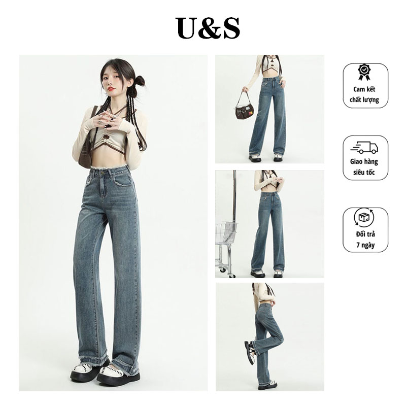 Quan jiean nữ ống rộng quần jean lưng cao nữ co giãn ống rộng nữ jeans cạp cao phong cách Hàn Quốc sành điệu style baggy nữ lưng cao quần jean vm style thời trang