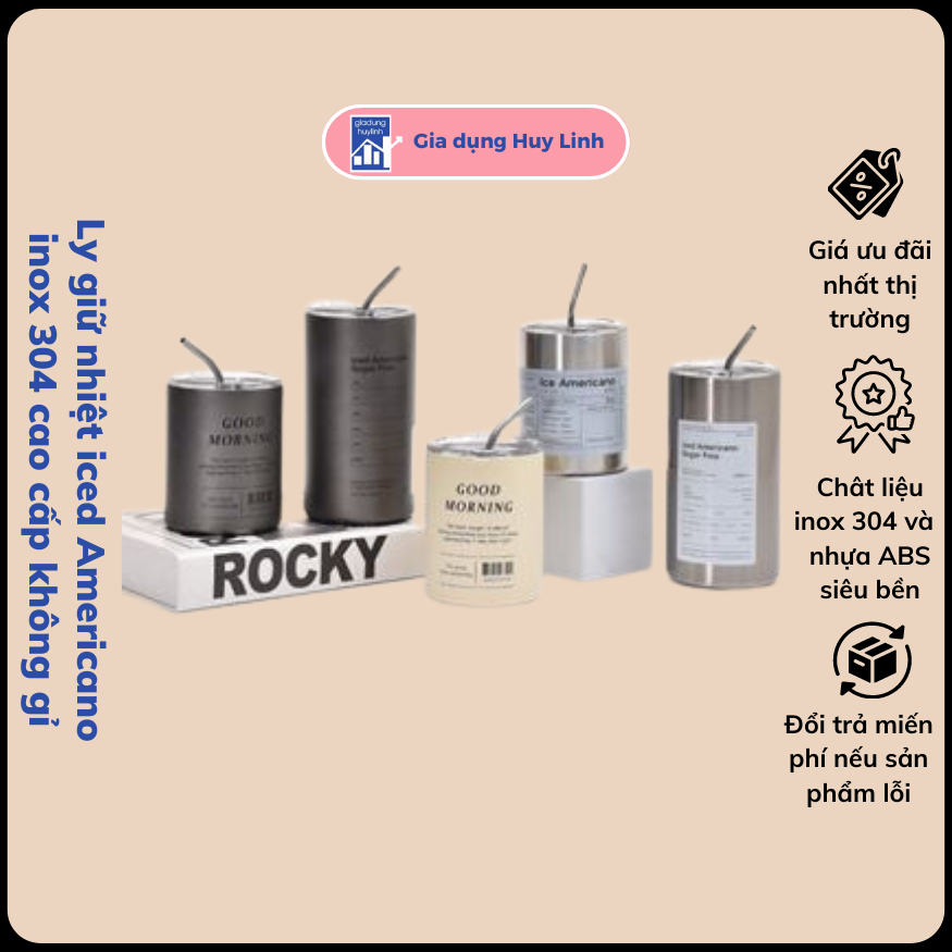 Ly giữ nhiệt iced Americano inox 304 cao cấp không gỉ, cốc uống nước giữ nhiệt có ống hút tiện lợi
