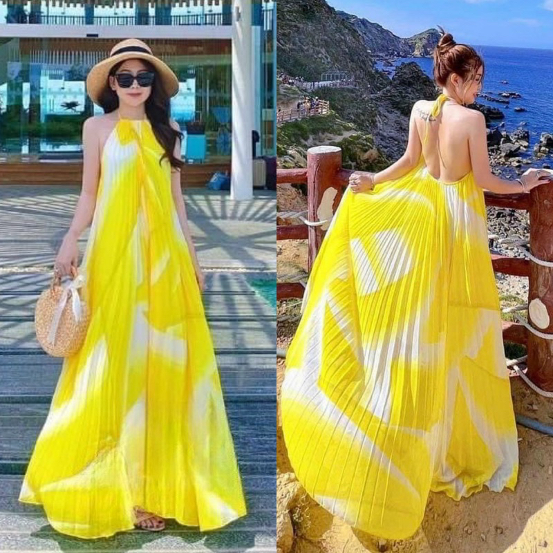 Maxi chiffon loang vàng dập ly 2 dây cổ yếm hở lưng, đầm váy dài tùng 3m5 thiết kế cao cấp đi biển du lịch chụp hình