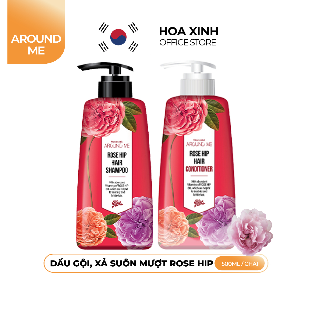 Combo Dầu Gội Và Dầu Xả Mềm Mượt Tóc Hương Hoa Hồng  Around Me Rose Hip Perfume Hair Shampoo 500ml/chai