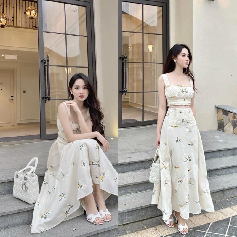 SET ÁO 2S TO NUDE THÊU HOA + CHÂN VÁY MIDi [HÀNG SẴN]