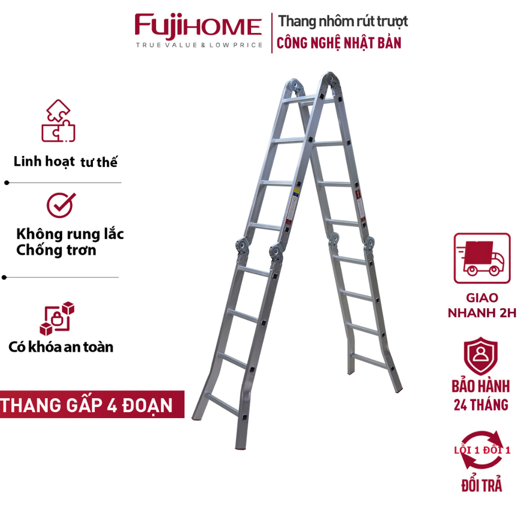 Thang nhôm gấp 4 đoạn 3.5M - 4.6M nhập khẩu FUJIHOME chính hãng đa năng 4 khúc xếp gọn