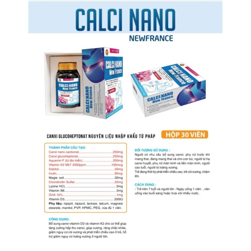 Calci Nano Vitamin D3K2MK7 Newfrance - Giúp Xương Răng Phát Triển Nguyên Liệu Nhập Khẩu Từ Pháp Lọ 30 Viên