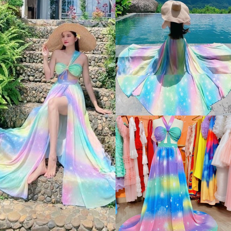 Maxi chiffon loang phối màu ngôi sao, đầm váy dài hở ngực bụng cổ yếm dây bản to nhún lưng xẻ đùi thời trang đi biển