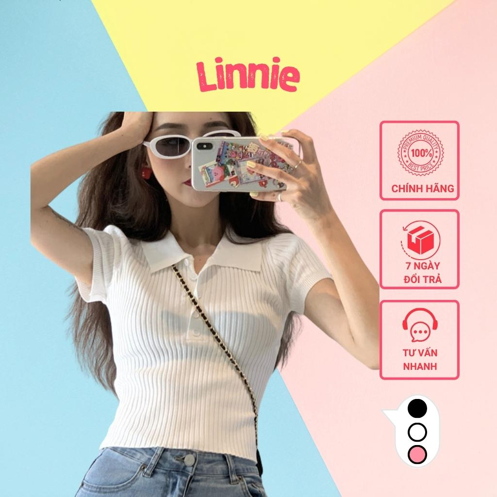 Áo croptop nữ ngắn tay cổ trụ phối nút Linnie, Áo polo nữ cài nút ôm body chất thun gân mềm mịn Nocode