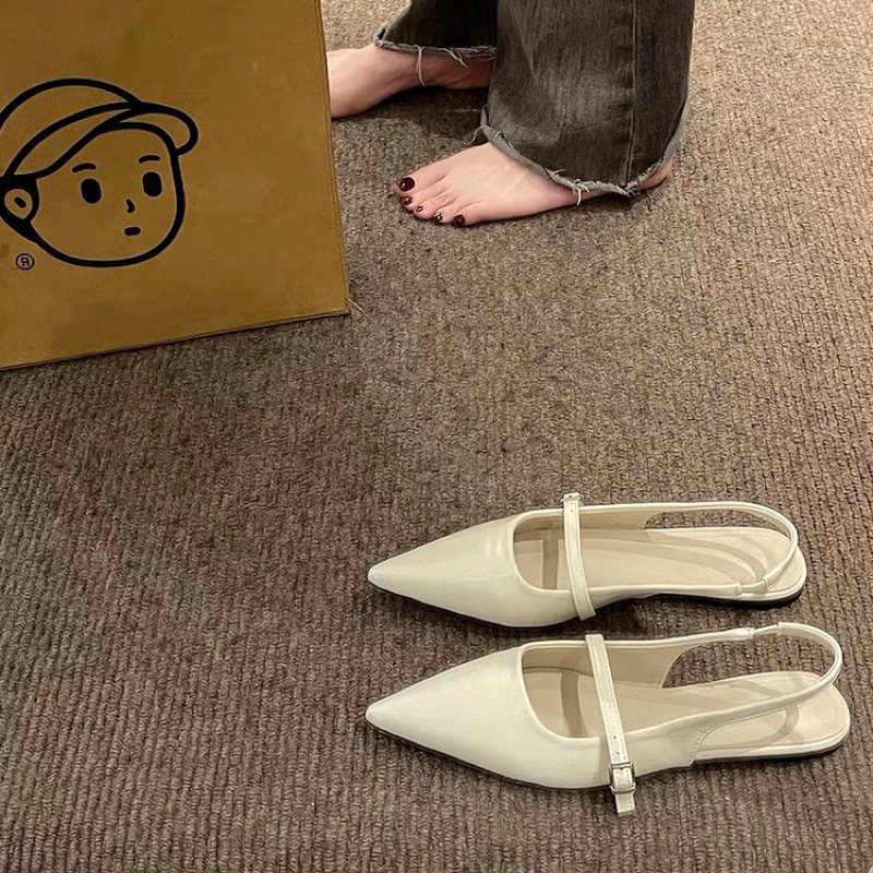 Giày sandal nữ mũi nhọn hở gót đế bệt da trơn