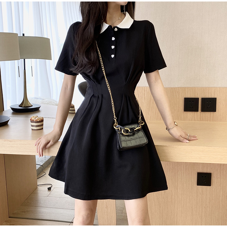 Váy chữ A cổ áo Polo có chiết eo phong cách, Đầm Polo đen cổ trắng dáng xòe váy nữ cộc tay triết eo - VN05