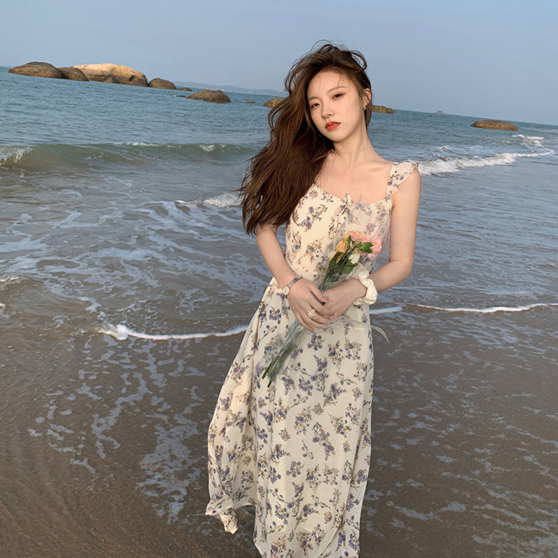 Váy cánh tiên xuân hè mới cổ tích ngọt ngào phong cách Retro, Váy hoa nhí hai dây hoa Lervender - VD02