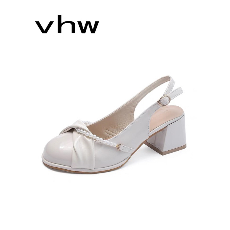 Giày cao gót đế vuông mũi tròn đính ngọc cài quai tiện lợi phong cách tiểu thư thời trang 2023 dành cho nữ