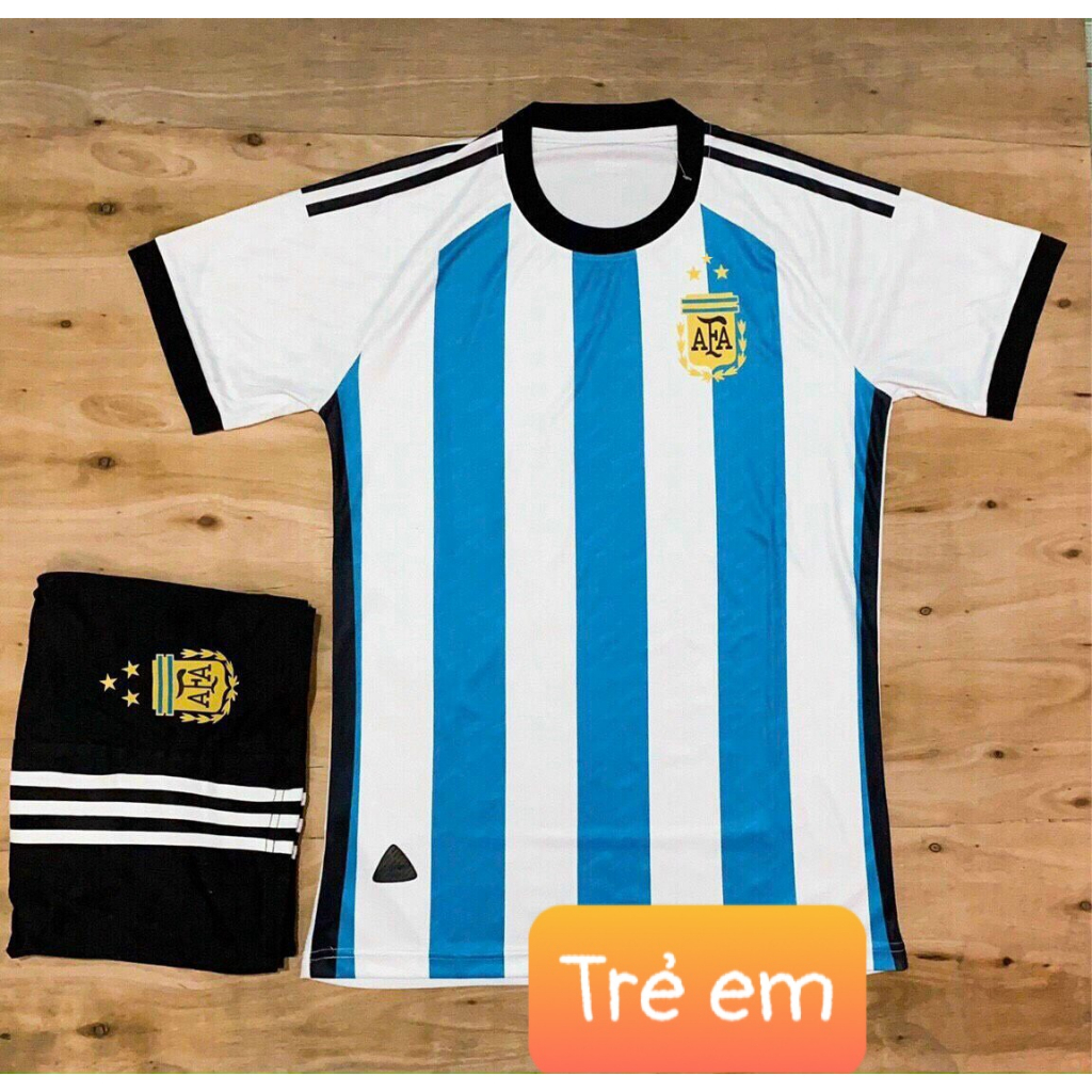 Bộ quần áo bóng đá Đội tuyển Arghen sọc xanh trắng trẻ em hàng thun thái cao cấp 2022-2023