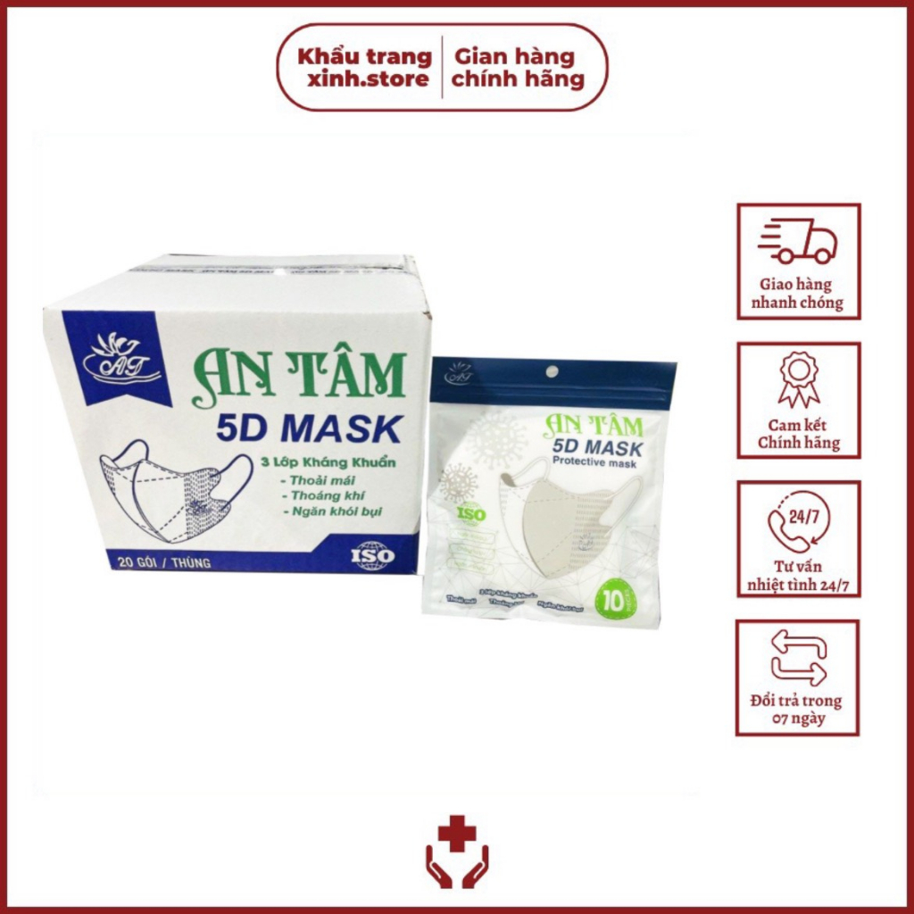 Free Ship - Thùng 100 Chiếc Khẩu Trang 5D An Tâm Mask 3 Lớp Kháng Khuẩn Chống Bụi Mịn Chính Hãng