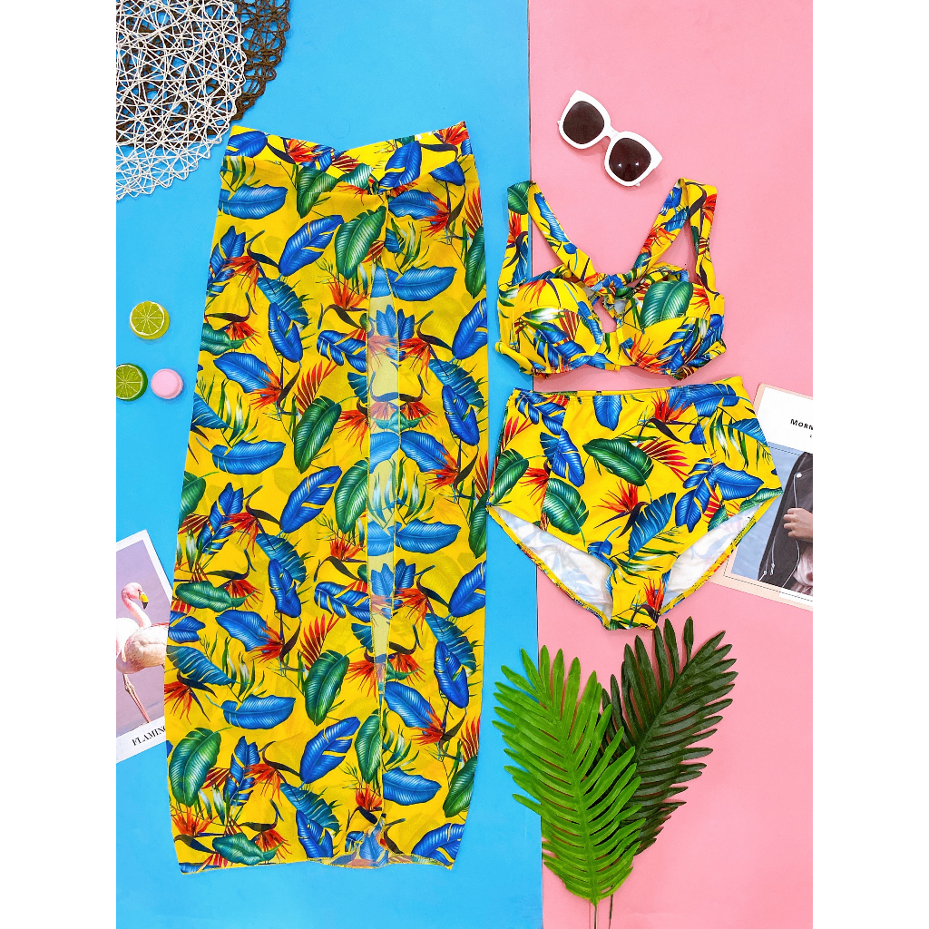 Set bikini đồ bơi 3 món hot trend hoa vàng kèm khăn quyến rũ