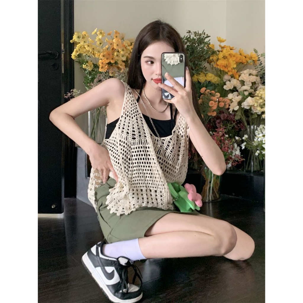 Áo Sát Nách Lưới, Áo Len Dệt Không Tay Cổ V Dáng Rộng Phong Cách Cá Tính Phù Hợp Với Mọi Người