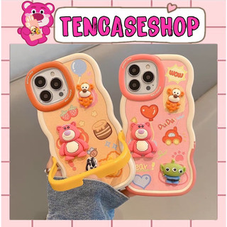 [ Mã 259 ] Ốp lưng ip gợn sóng có giá đỡ hoạ tiết gấu dâu lotso nổi chất da dành cho ip - TENCASESHOP