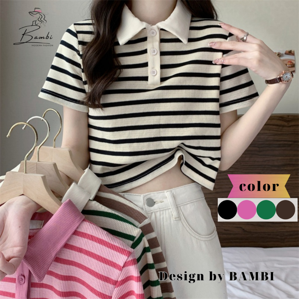 Áo thun nữ kẻ ngang có cổ khuy cài BAMBI , Áo polo chất cotton xốp 3 khuy cài thoáng mát basic dễ phối đồ