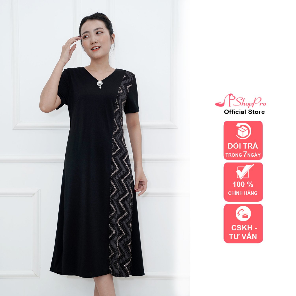 SHOPPRO – Đầm Suông Trung Niên Phối Thun Kim Tuyến In Hoạ Tiết Sang Trọng Dành Tặng Mẹ U50 U60 Bigsize 50-73kg 3354