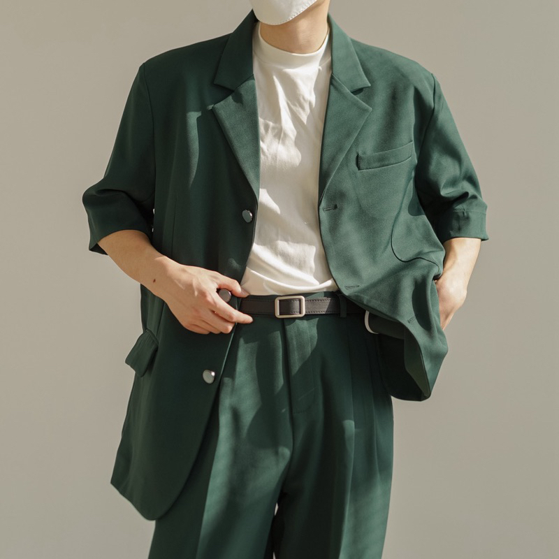 HERMES| Blazer Nam Tay Ngắn Xanh Lá