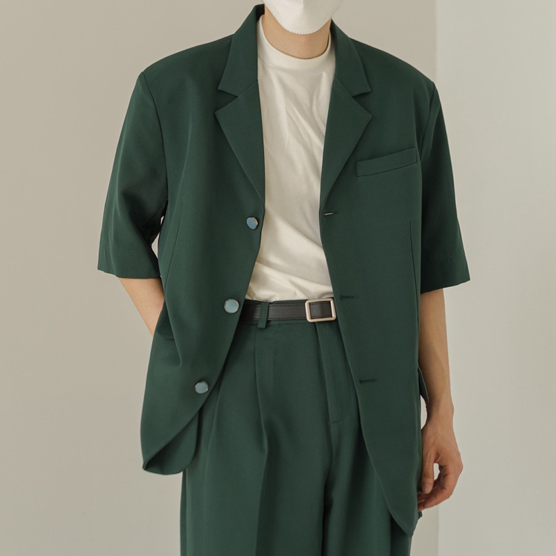 HERMES| Blazer Nam Tay Ngắn Xanh Lá