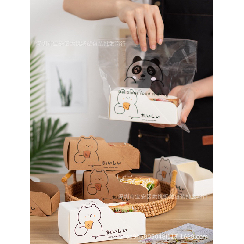 Hộp Giấy Đựng Bánh Mì Sanwich / Bánh Bông Lan kèm túi dán trong suốt