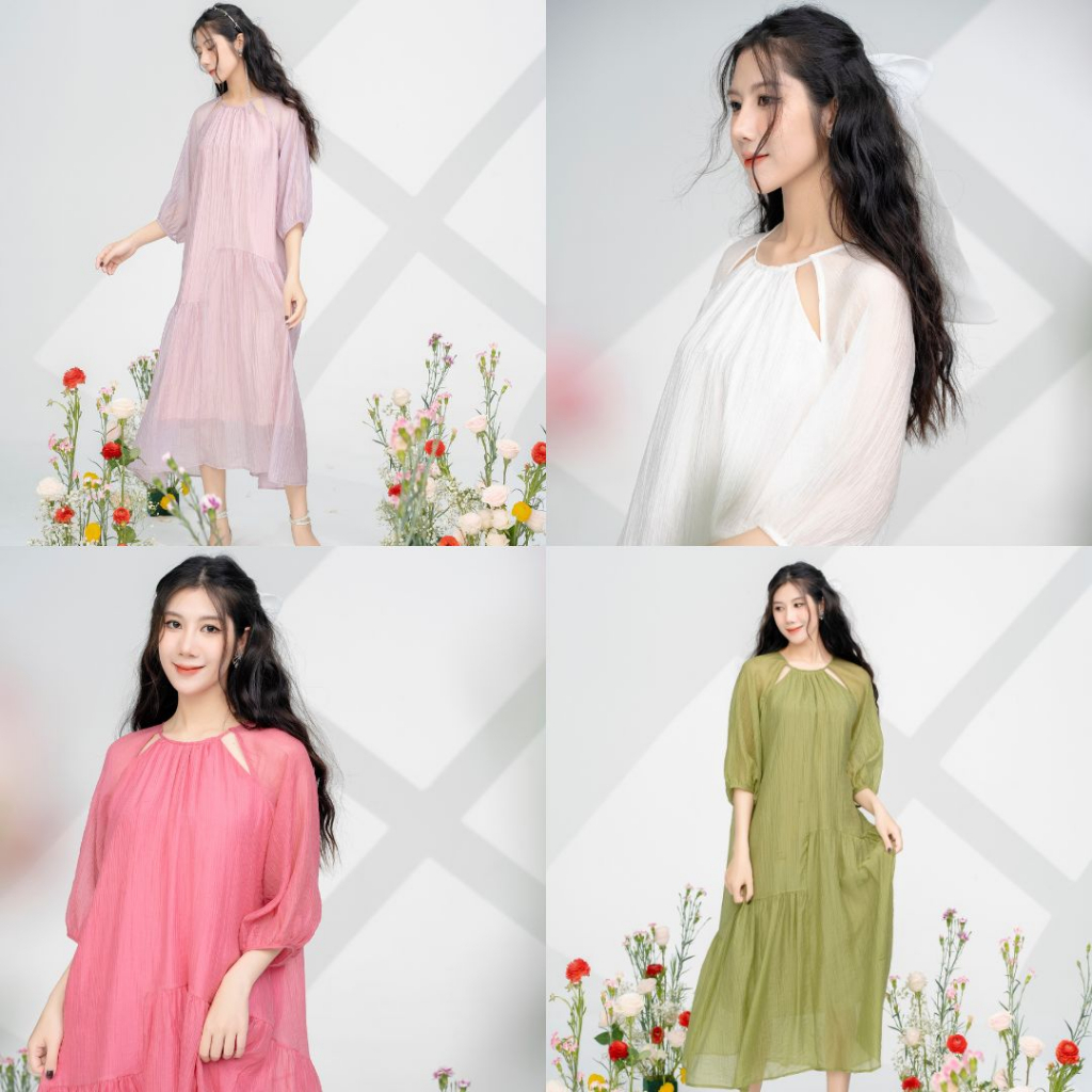 Đầm maxi tơ nhún tiểu thư cổ xẻ giọt nước D570