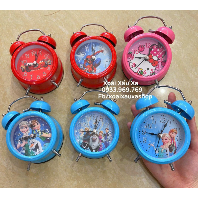 đồng hồ chuông reo để bàn hoạt hình elsa, spiderman, kitty (dvt: 1 cái)