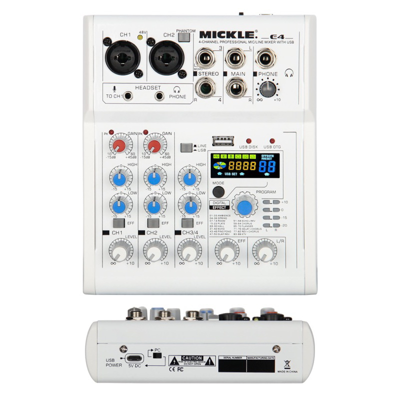 Bộ Trộn Âm Thanh Mixer E4 Có Bluetooth 4 kênh 88 hiệu ứng DSP Hỗ Trợ Nguồn 48v có thể Livestream, karaoke , ghi âm