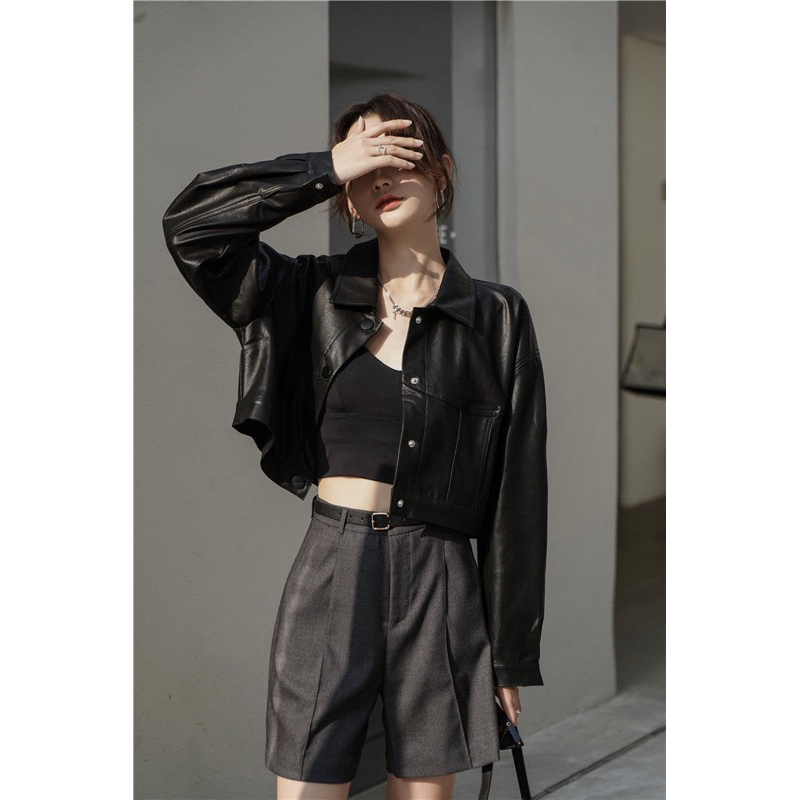 (Sẵn) Áo khoác da croptop basic cúc bấm 1 hàng phong cách retro
