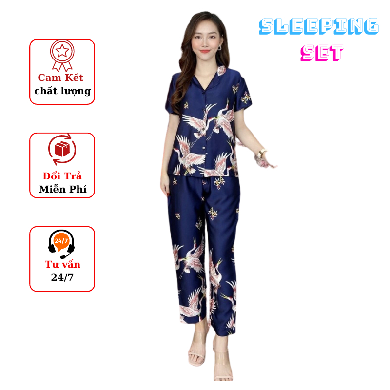 Bộ Đồ Ngủ Nữ Lụa Satin Cao Cấp QPJ3 Đồ Bộ Pijama Mặc Nhà Họa Tiết Con Hạc Quý Phái Sang Trọng