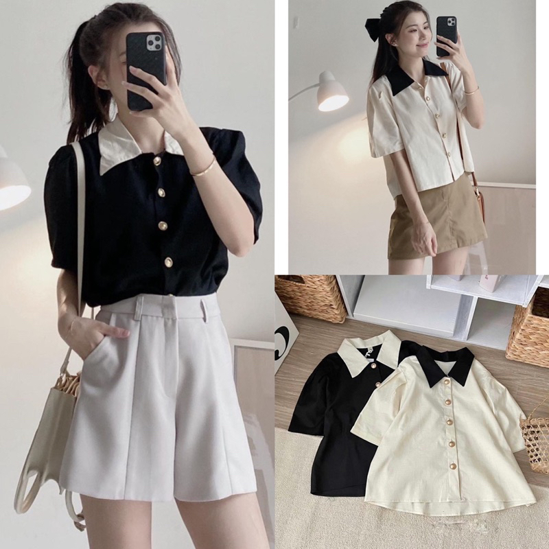 ÁO SƠMI THÔ ĐŨI CỔ PHỐI MÀU CÚC ĐỒNG”CELI TOP” siêu xinh