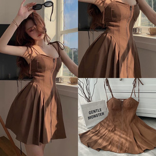 Đầm 2s cột nơ dáng xoè ngắn có cup ngực dây kéo giữa kèm lót quần rời màu nâu freesize Pumi 14380