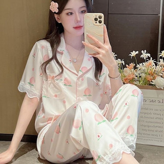 Bộ ngủ lụa tay cộc quần dài hoa lá phối ren tiểu thư siêu xinh