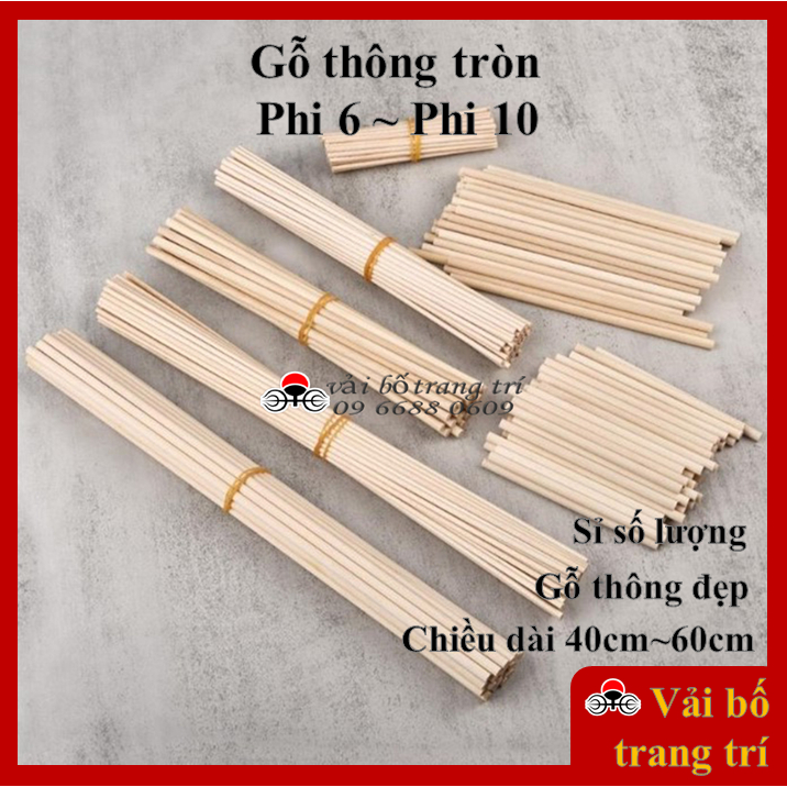 Thanh gỗ tròn, 6mm, 8mm, 10mm, dài 40cm, 50cm, 60cm thanh gỗ thông, làm mô hình, handmade, DIY,phi 6,8,10