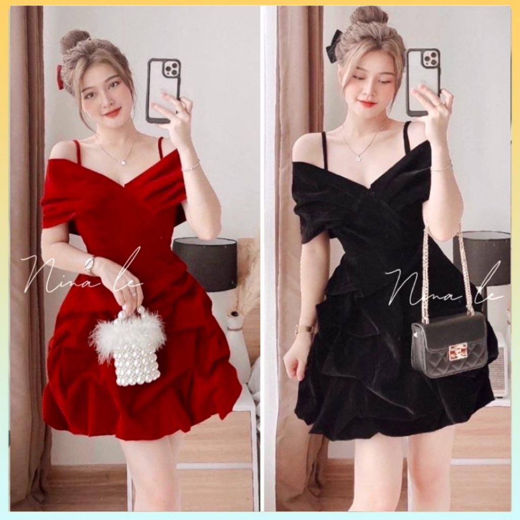 Đầm NHUNG 2 màu đính TRỄ VAI VÁY NHÚN kiểu bí ngô có đệm ngực xịn xò