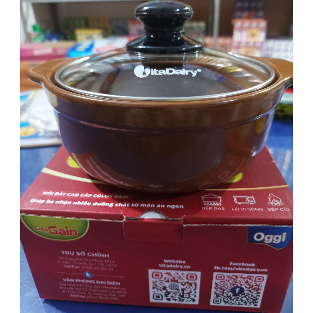 Nồi đất cao cấp nắp kính dùng kho cá, thịt ( Đường kính 20cm, thể tích 1L) ( Hàng khuyến mãi sữa Vitadairy)
