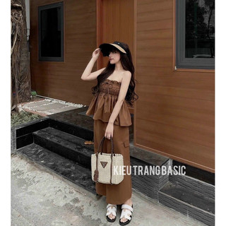 ✌️✌️set áo peplum nhúng thun + chân váy,màu nâu cực tây