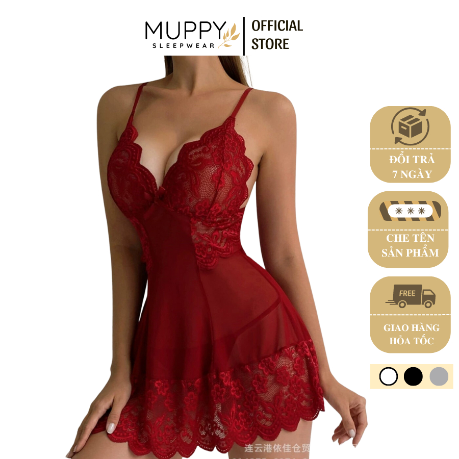 V14 Đầm Ngủ Phối Ren MUPPY Sexy Xuyên Thấu Mặc Nhà Chất Ren Mềm Mịn Sexy Gợi Cảm Kèm Chíp