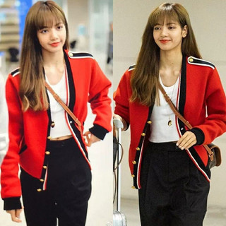 Áo cardigan len đỏ viền đen giống lisa blackpink và v bts