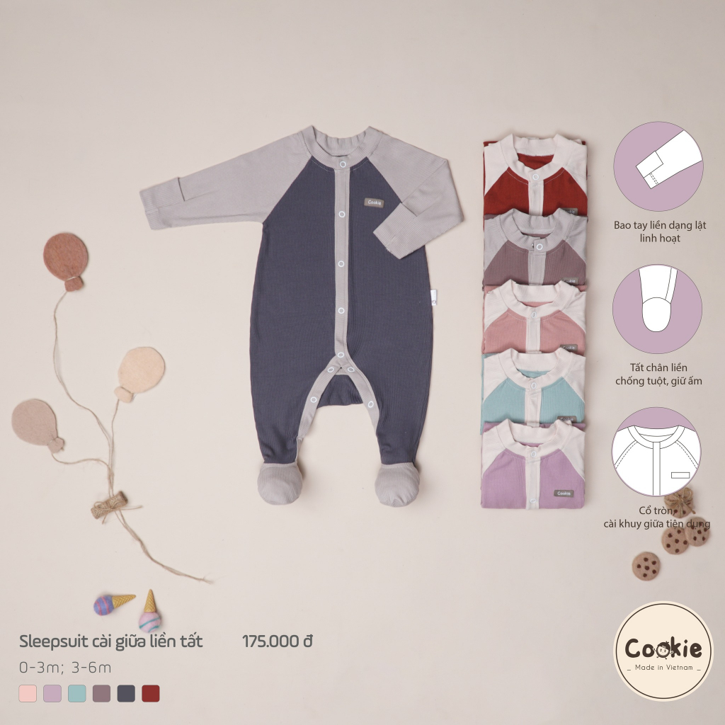 Cookie - Sleepsuit cài giữa liền tất