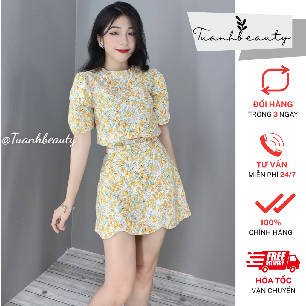 Set áo crop hoa tay bồng kèm chân váy A thời trang công sở thiết kế cao cấp thanh lịch, sang trọng trẻ trung [Hàng chuẩn